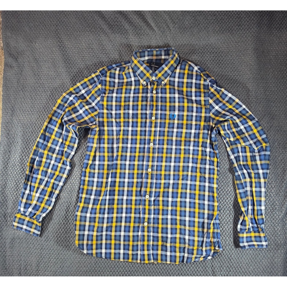 Fred Perry Mens Plaid Button Down Shirt Blue Yellow Long Sleeve Size M